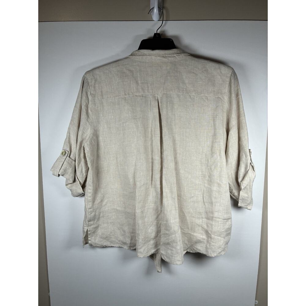 John Mark L Oatmeal 100% Linen Tie Front Button Shirt Coastal Grandmother Boho - Picture 2 of 6